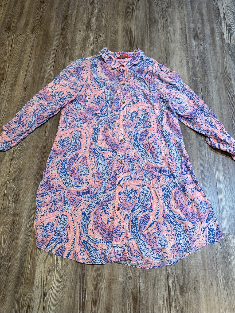 Lily Pulitzer “Natalie” style shirt dress beach coverup Pink & Blue Paisley Sz m